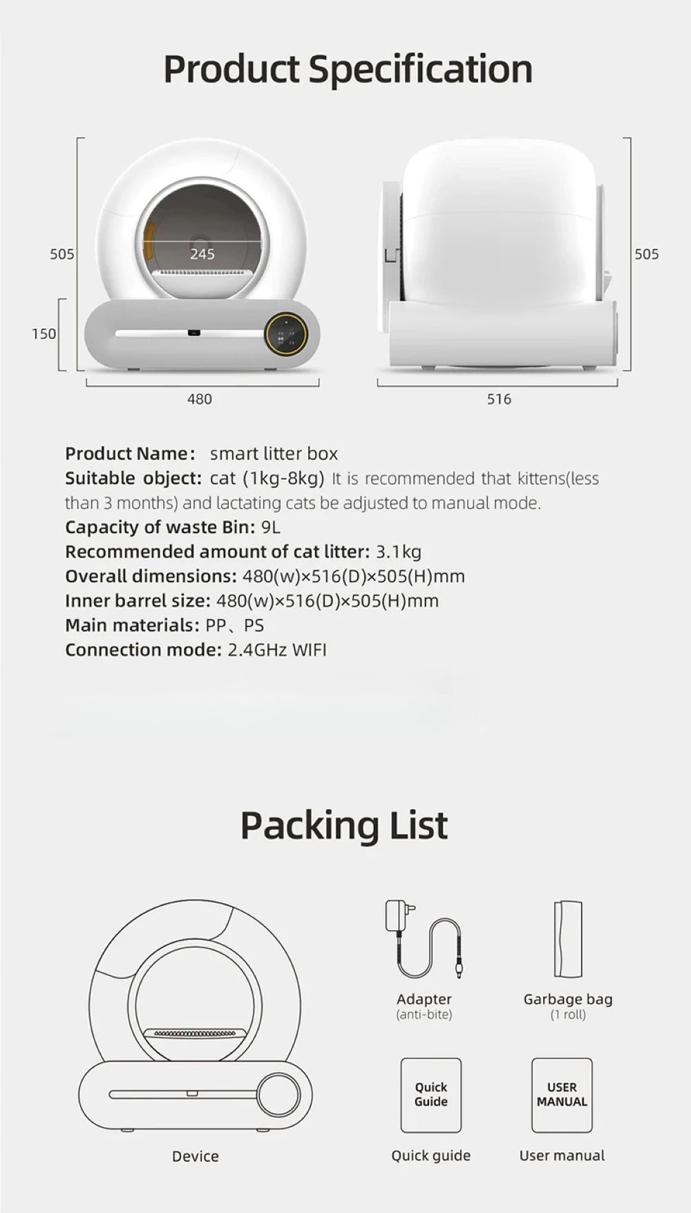 65L Large Space Silent Smart WiFi Cat Litter Box with 9L Trash Automatic Cleaning Fully Enclosed Electric Pet Toilet