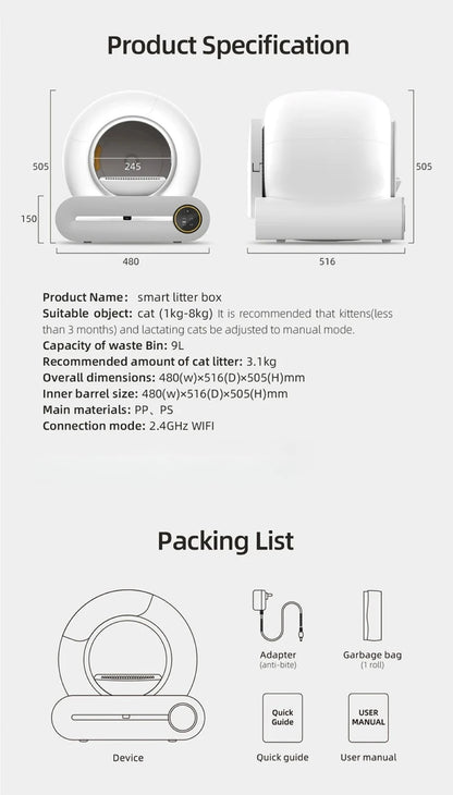 65L Large Space Silent Smart WiFi Cat Litter Box with 9L Trash Automatic Cleaning Fully Enclosed Electric Pet Toilet