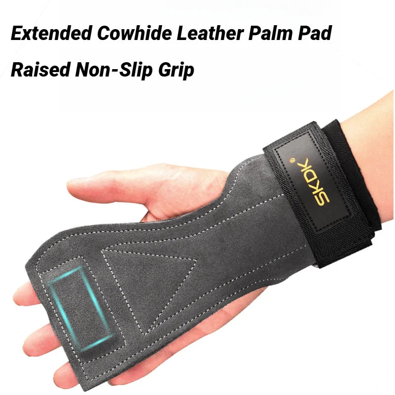 2Pcs Cowhide Gym Gloves Grips Anti-Skid Weight Power Belt Lifting Pads Deadlift Workout Fitness Palm Protection Training Guards