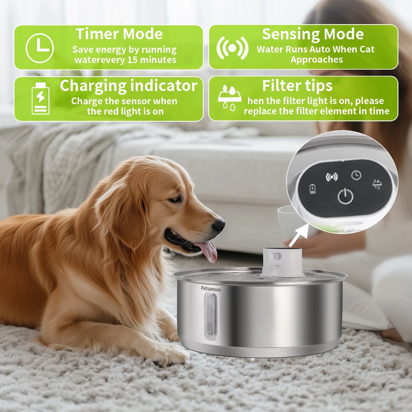 Petavista 8L Automatic Stainless Steel Dog Water Fountain 5000mAh Wireless Pet Drinker Battery & Sensor 2 in 1 Dispenser for Dog