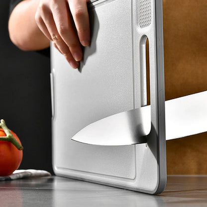 Foldable Double-Sided Thawing Cutting Board 4-in-1 Aluminum Alloy Chopping Board with Knife Sharpener and Garlic Grinder