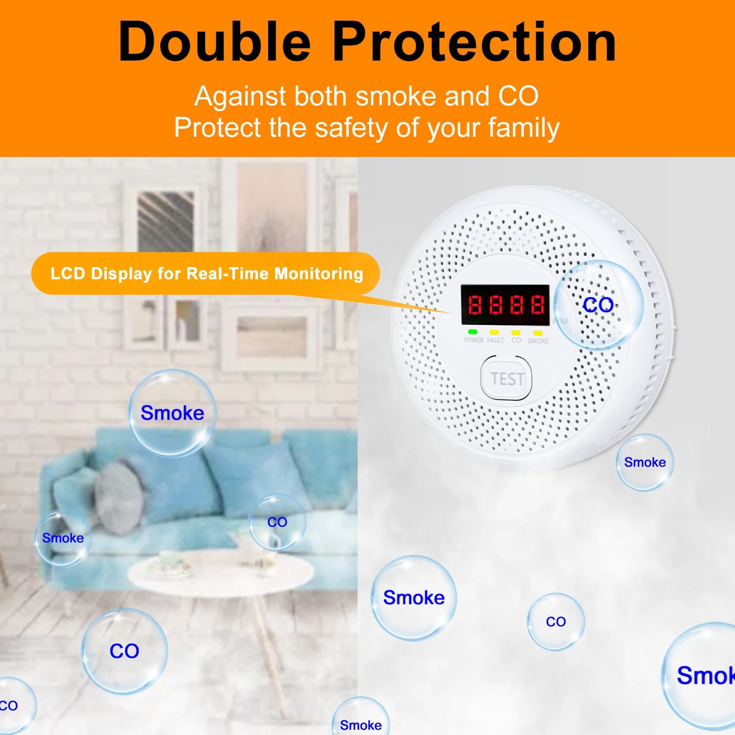 2 in 1 Smoke Carbon Monoxide Alarm Detector Dual Sensor with LCD Display Screen for Hotels Office Buildings Teaching Buildings