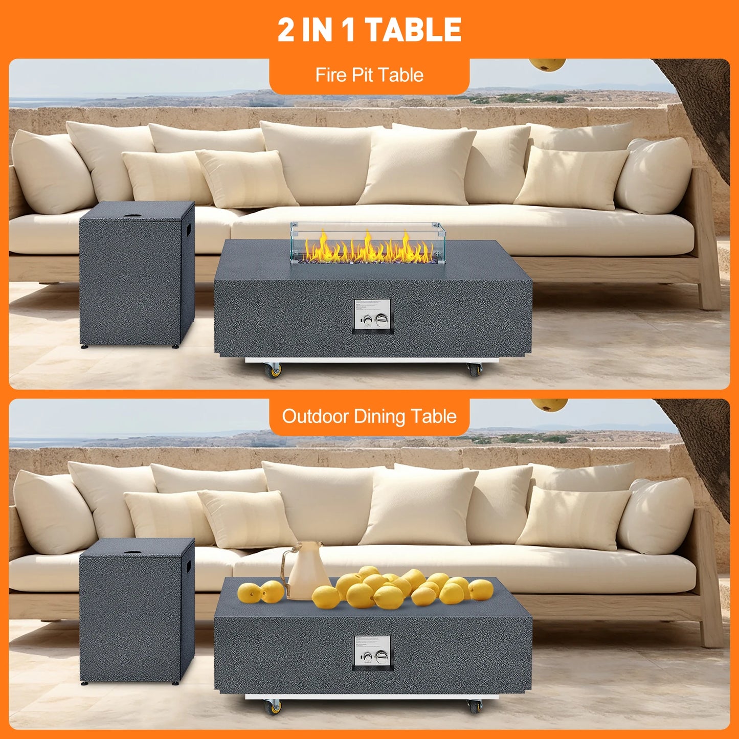 48" Outdoor Rectangle Propane Gas Fire Pit Table, 50000 BTU Modern Firepit with 16 inch Tank Cover Side Table, Wind Guard