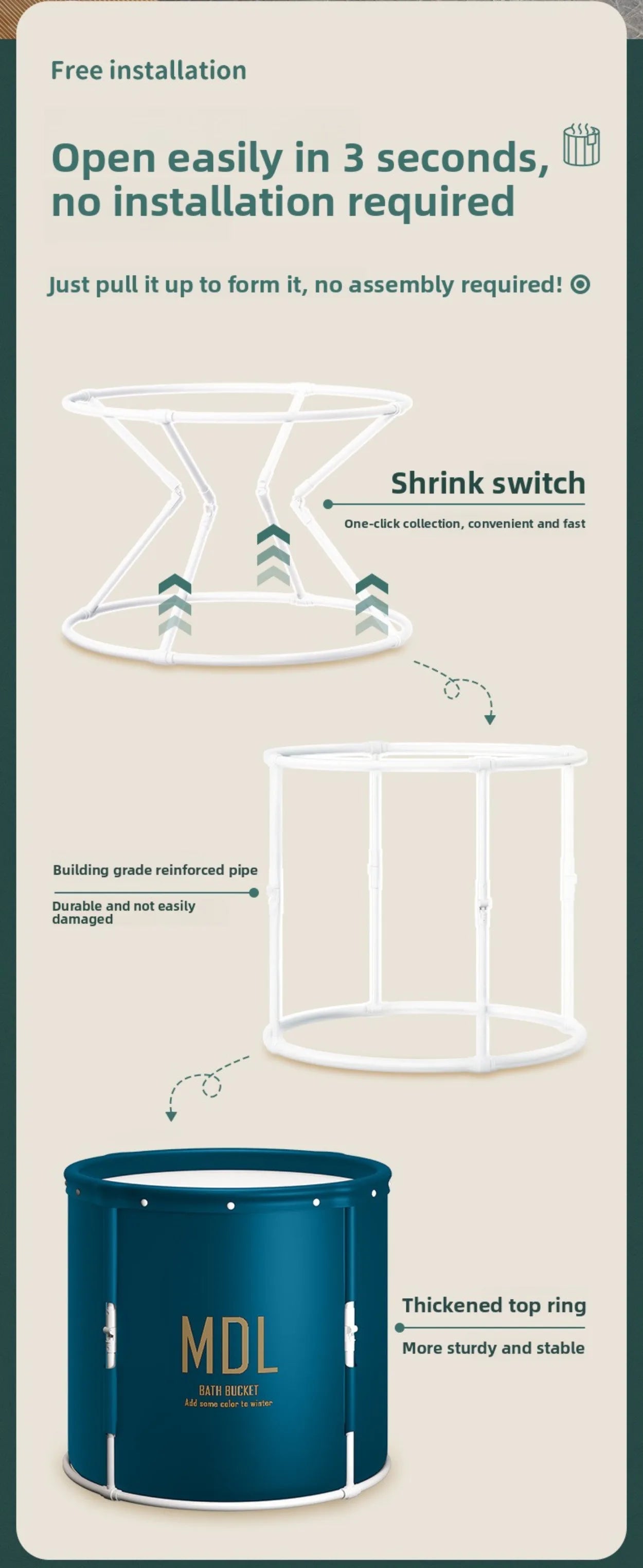 1 unit Strengthened DIY-style bathtub for adults with built-in heat retention feature. A foldable home-use bath product.