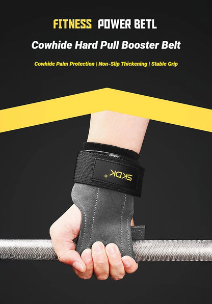 2Pcs Cowhide Gym Gloves Grips Anti-Skid Weight Power Belt Lifting Pads Deadlift Workout Fitness Palm Protection Training Guards