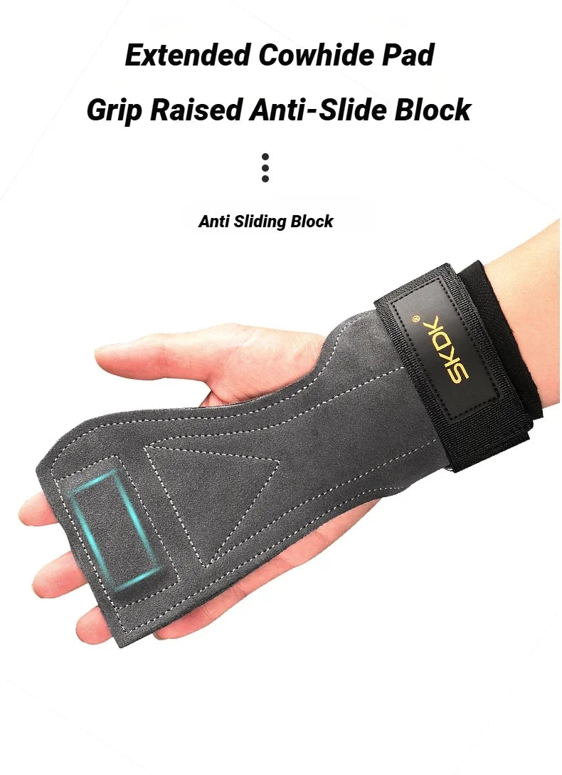 2Pcs Cowhide Gym Gloves Grips Anti-Skid Weight Power Belt Lifting Pads Deadlift Workout Fitness Palm Protection Training Guards
