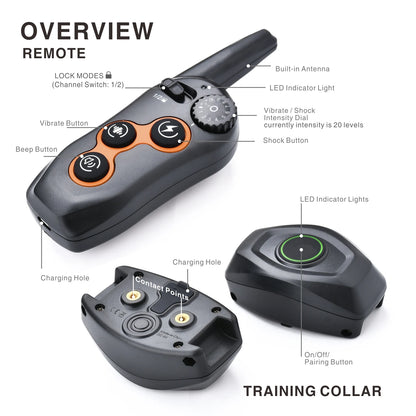 Remote Training Dog Collar, Electric Shock, Waterproof, Rechargeable, Bark Control, 400m, 2 Dogs