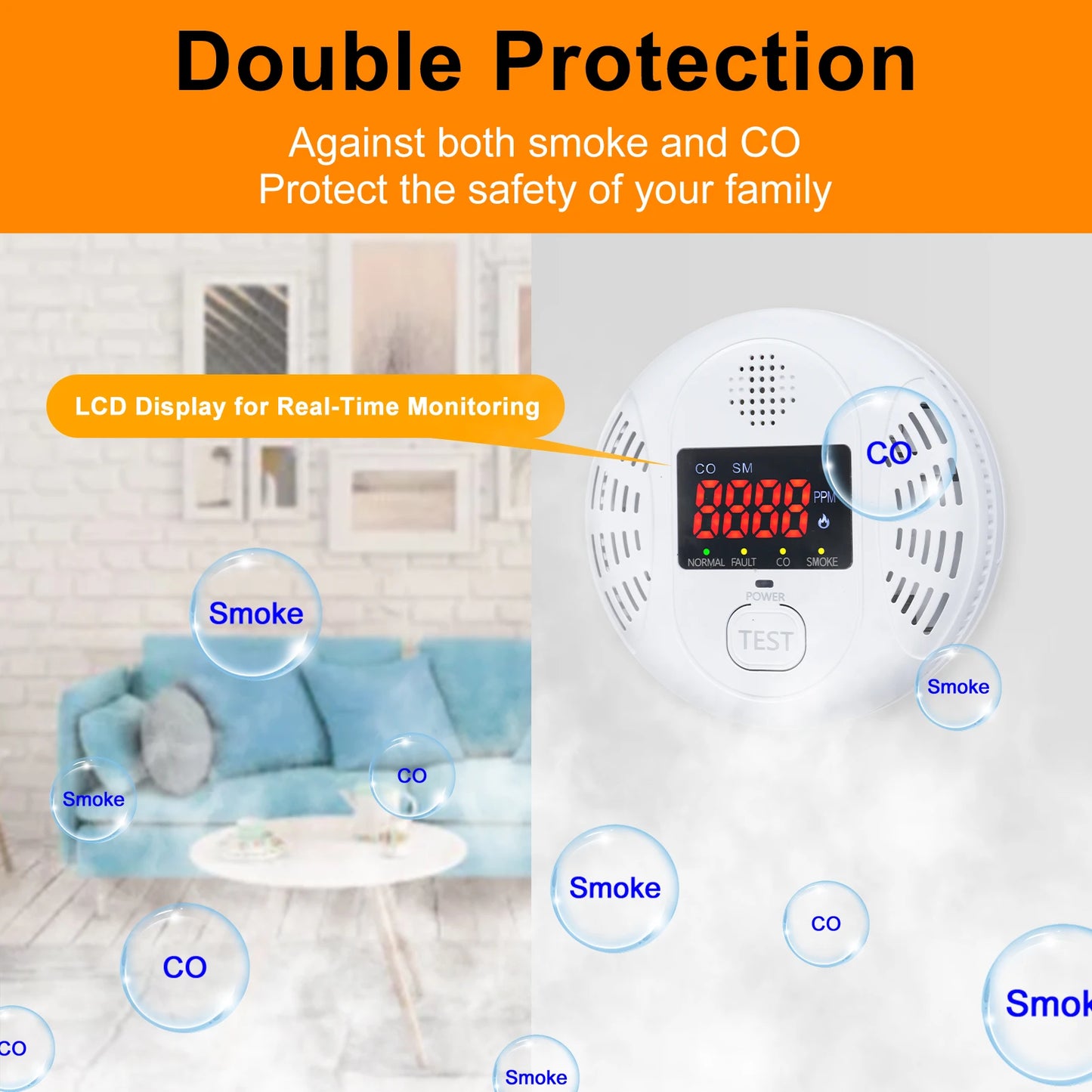 2 in 1 Smoke Carbon Monoxide Alarm Detector Dual Sensor with LCD Display Screen for Hotels Office Buildings Teaching Buildings