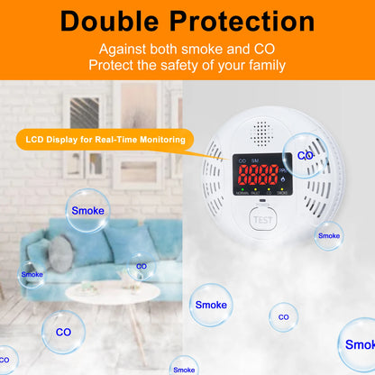 2 in 1 Smoke Carbon Monoxide Alarm Detector Dual Sensor with LCD Display Screen for Hotels Office Buildings Teaching Buildings