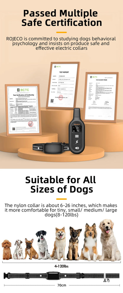 ROJECO Electric Dog Training Collar Digital Rechargeable Remote Control IPX7 Waterproof Vibrator Pet Dog Bark Stop Shock Collar