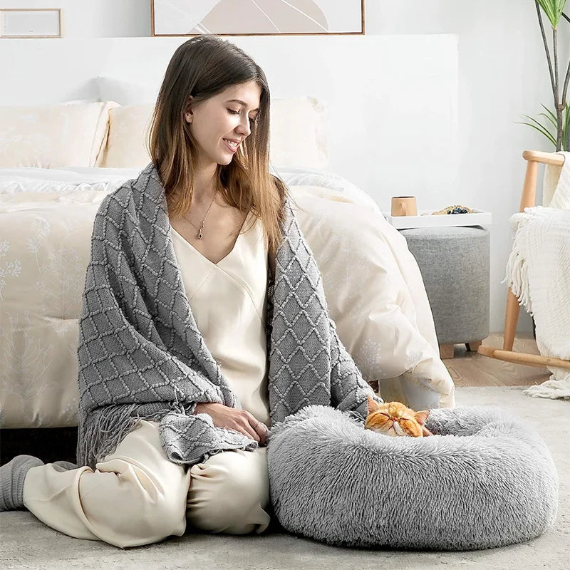 2025 50-80cm Round Pet Bed Long Plush Cat House Dog Bed for Medium Dogs Soft Cat Nest Kennel Dog Mattress Pet Supplies cozy bed