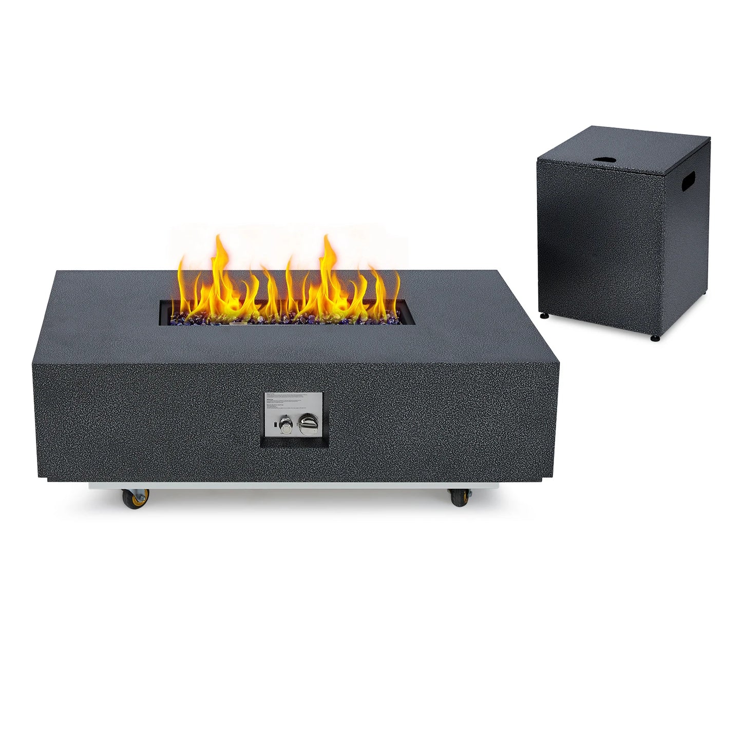 48" Outdoor Rectangle Propane Gas Fire Pit Table, 50000 BTU Modern Firepit with 16 inch Tank Cover Side Table, Wind Guard