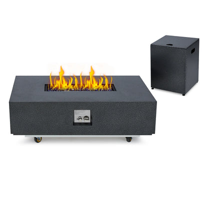 48" Outdoor Rectangle Propane Gas Fire Pit Table, 50000 BTU Modern Firepit with 16 inch Tank Cover Side Table, Wind Guard