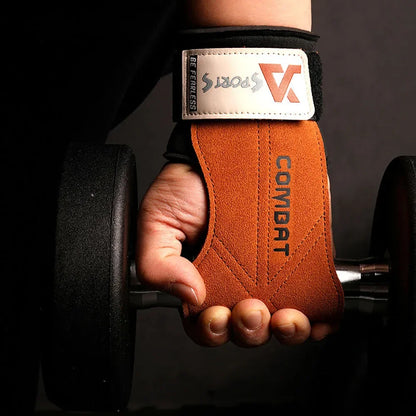 Cowhide Power-Assisted Straps Grips Fitness Gloves Anti-Skid Pads for Women Men Gym Workout Fitness Exercise【1 Pair】