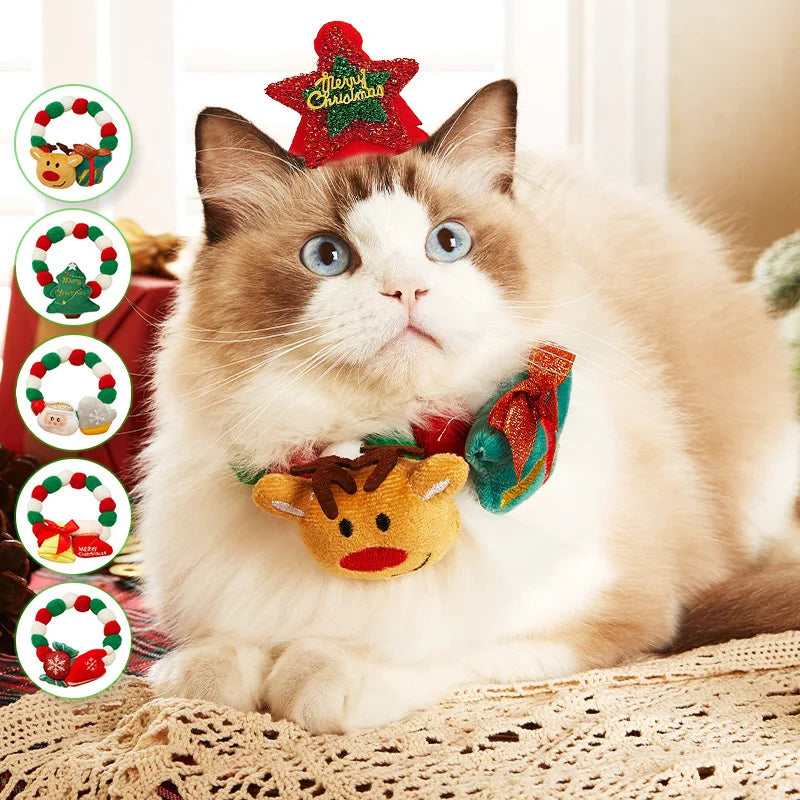 Pet Cat Fur Ball Collar Hat Elk Tie Gift Dog Decoration Small Medium-sized Dog Collar Elasticity Holiday Decoration Christmas